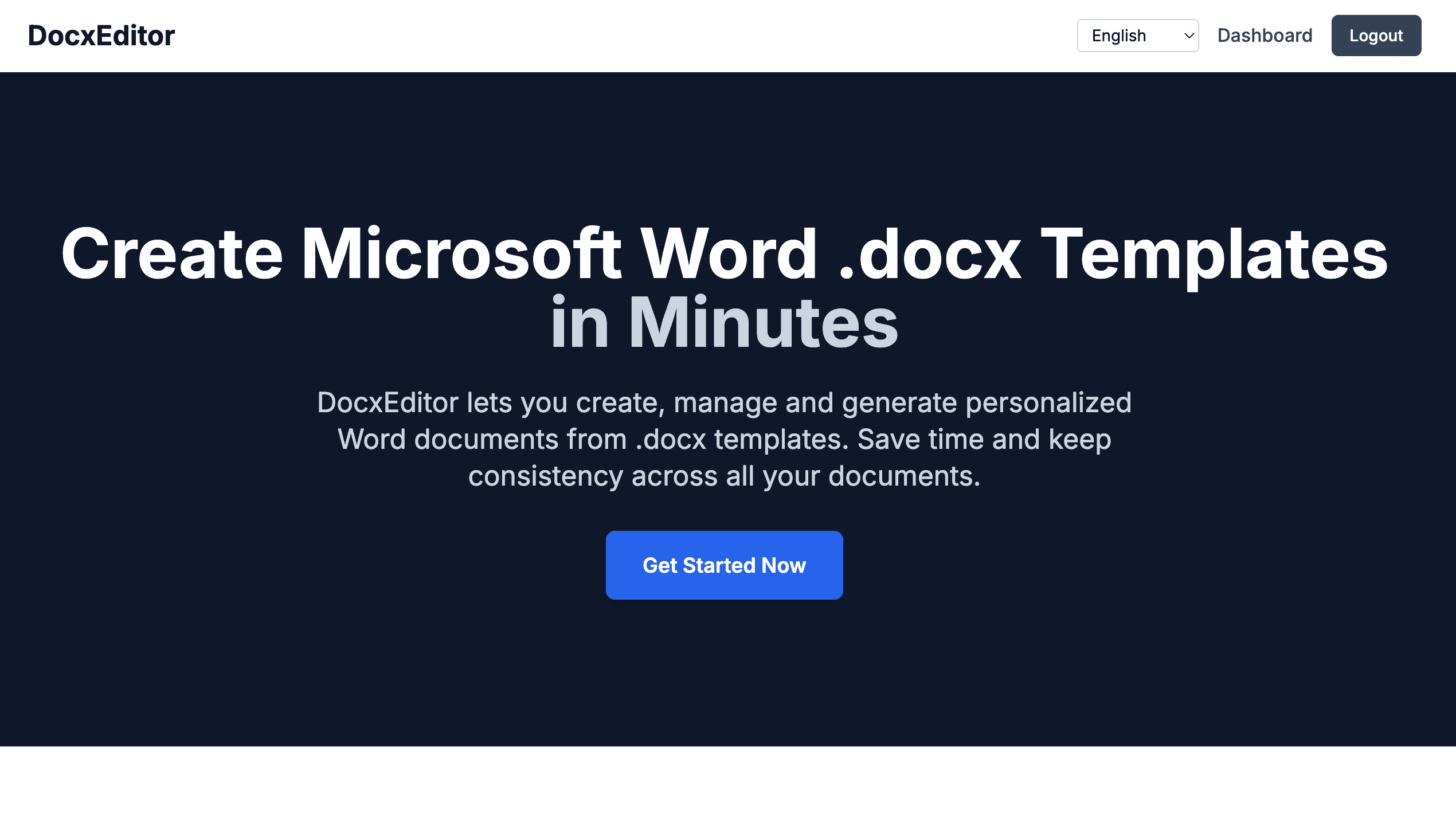 DocxEditor landing page with the headline Create Microsoft Word .docx templates in minutes